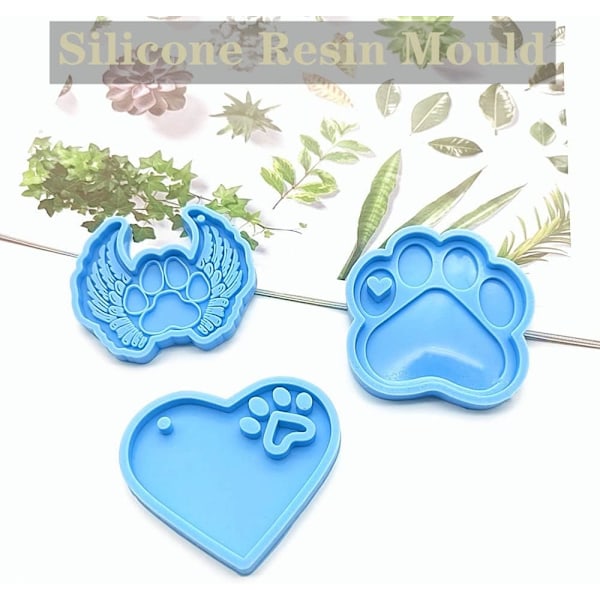 3 stk. Silikonformer for Resin Blå Pet Paw Form Silikonform Hjerte Potetrykk Nøkkelring Silikon Resin Former for DIY Nøkkelringer Halskjede Anheng