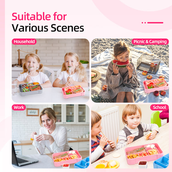 Läckagesäker Bento Lunchlåda med 7 Fack och 1 Salladsdressingbehållare, Perfekt för Skola, Dagis, Kontor (Rosa) pink