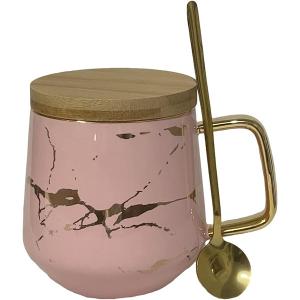 YBK Tech posliininen teekuppi kahvimukisetti iltapäiväteelle - marmorimainen kuvio (vaaleanpunainen, korkea 400 ml + puukannen) Pink, Tall