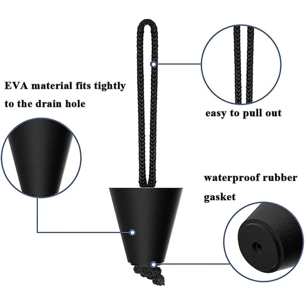 Kajakkskrueplugger, universal kano gummiplugg med snor Dugout Kanopadling Dreneringshull Stopper plugger erstatningstilbehør (4 stk, svart)