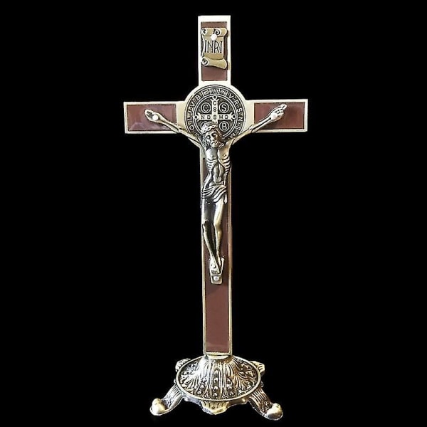 Kyrkliga reliker Figurer Kristna krucifix Jesus Kristus Bön på läktaren Cross Antik hem kapell dekoration Brun