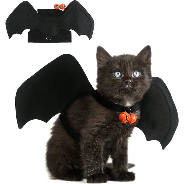 Katt Halloween fladdermusvingedräkt,halloween små husdjur svart fladdermusdräktdekoration för hundvalp och katt med klockor