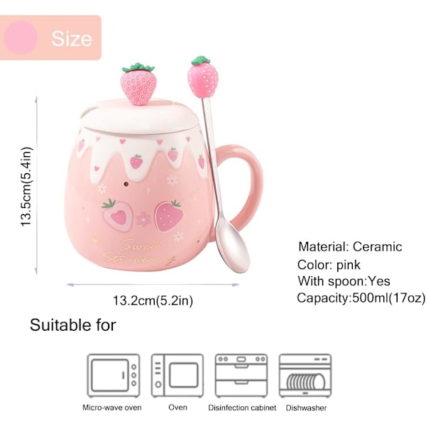 Rosa jordgubbsmuggar rosa kaffemugg keramik kawaii kopp morgon te mjölk fruktmugg med söt lock rostfritt stål sked kreativ nyhet födelsedag Alla hjärtans dag S