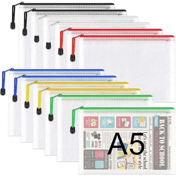 A5 Plast Zip-mapper - 12 stk. A5 Mesh Zipper-pung Plast Zip Lock-poser Dokumentmapper Fil Zip-poser Rejseopbevaringspose til kontorartikler 6 Colours  12 PCS A5