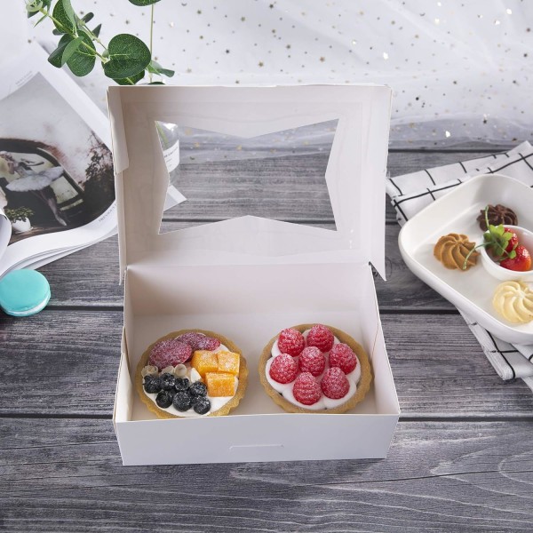 8 tommers hvite kakebokser med vindu, automatisk popup rektangulær bakeriboks for muffins og bakverk, sjokoladedekket jordbær kartong klart lokk Trea White