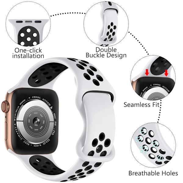 Silikon Sportarmband Kompatibelt med Apple Watch Armband 42mm 44mm 45mm 46mm 49mm, Andningsbara Ersättningsarmband för Apple Watch Ultra White and black 38/40/41mm