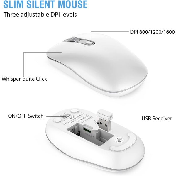 Tangentbord och mus-kombination, cimetech 2.4G ultratunt tangentbord och mus-set med elegant ergonomisk tyst design och stabil anslutning för Windows PC-varv SilverWhite
