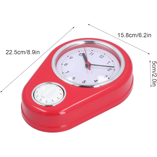 Væg ur køkken timer, 60 minutters visuel nedtællingstimer, lydløs drift, nem at læse, retro køkken vægur, visuel timer, hjemmekøkken T Red