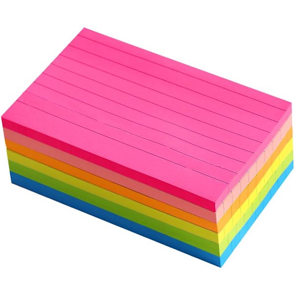 Linjerede klæbememoer 3X5 i lyse, linjerede post-it-sedler, farverige, superklæbende memoblokke, stærk klæbeevne, 6 blokke/pakke, 75 ark/blok Bright Colors 3x5 in