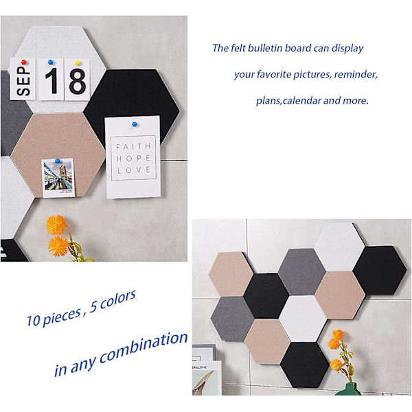 10 stk selvklebende filtplatefliser sekskant oppslagstavle for vegger, filt korkpinnetavle for bilder bilder notater med trykknapper
