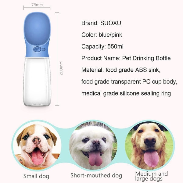 Koiran juomapullo, kannettava koiran vesisuihkulähde ulkomatkoille, koiran juomapullo, vuotamaton lemmikkieläimille ulkona kävelyretkeilyyn (sininen-550 ml)