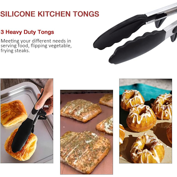 Kjøkkentenger med hvileanordning, 9 tommers silikonspatel, rustfritt stål non-stick grunnleggende matlagingstenger, egnet for baking, steking, servering Black2pcs(26cm)