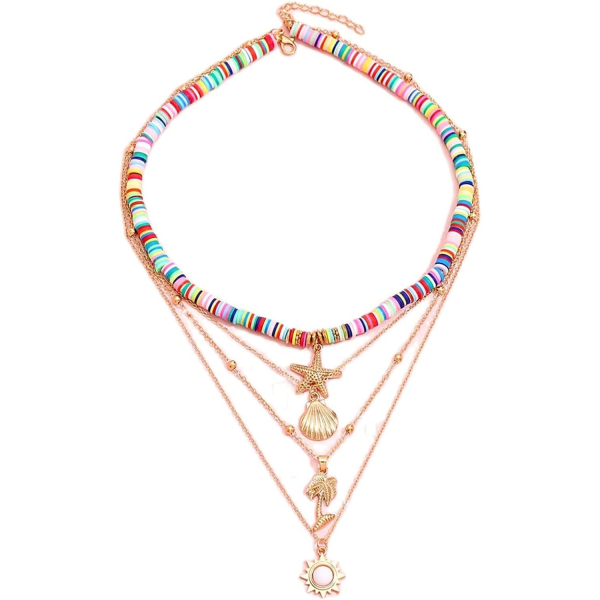 Bohemian Håndlavet Søstjerne Shell Folwer Pendant Lagdelt Heishi Surfer Lightweight Chain Choker Halskæde Summer Beach Stilfulde blomstersmykker til kvinder 4