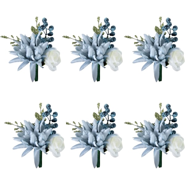 Sæt med 6 støvede blå rose boutonniere til mænd Bryllup Håndlavet Brudgom og Groomsmen Boutonniere Corsage med nål til bryllup Prom Fest Dekoration Corsage 6Pcs