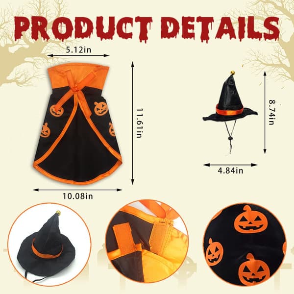 Halloween-kostumesæt til kæledyr (inkluderer troldmandskappe og hat), justerbar model.