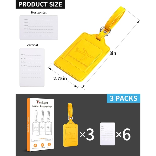 3-pakning bagasjelapper for kofferter, bagasjelapper, reiselapper for bagasje, sterke, PU-lær, holdbare, synlige, reisetilbehør, gule Yellow 2.7 x 4.2 inch/6.8 x 10.7 cm