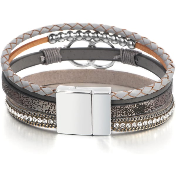 Leopardarmbånd for kvinner, Boho lær innpakning flerlags perle krystall armbånd bangle smykker B37:Double Circle(Gray) A7Feather