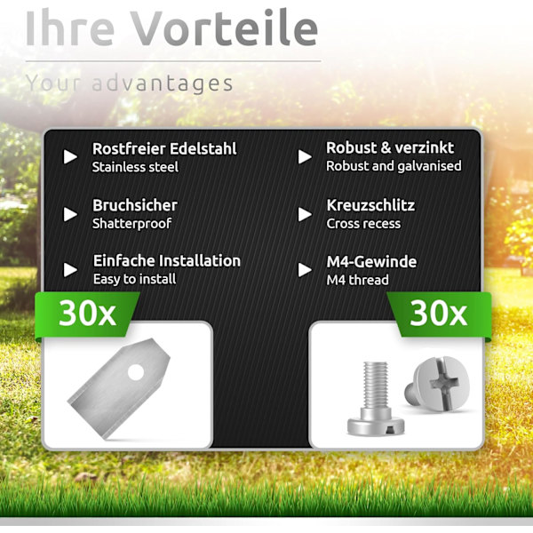 30x Reservblad i rostfritt stål, kompatibla med Husqvarna Gardena McCulloch ROB Flymo Yardforce Matrix Grizzly Brast - Inklusive skruvar 30x 30x