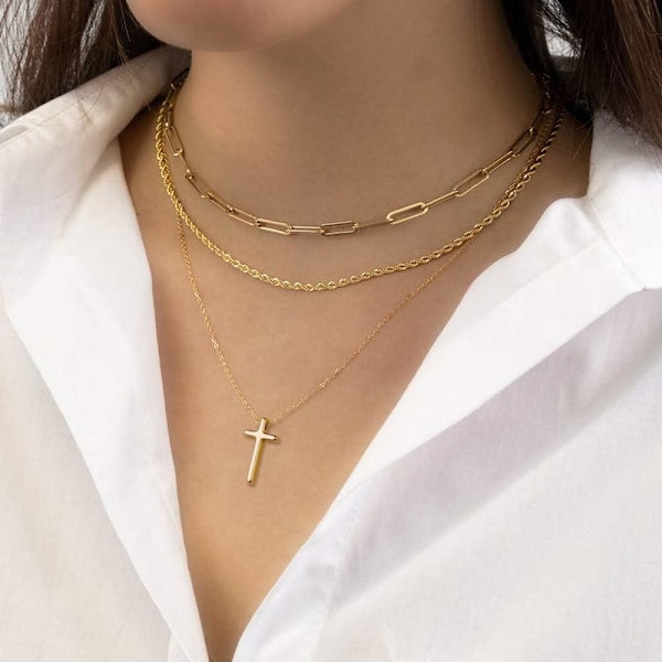 Fint Lagdelt Choker Halskæde, Håndlavet 14K Guldbelagt Y Vedhæng Halskæde Multilayer Bar Disc Halskæde Justerbar Lagdeling Choker Halskæder til Kvinder 3PCS  Twist chain&Beads Chain&Cross 3PCS  Chain&Bar&Hammered Disc