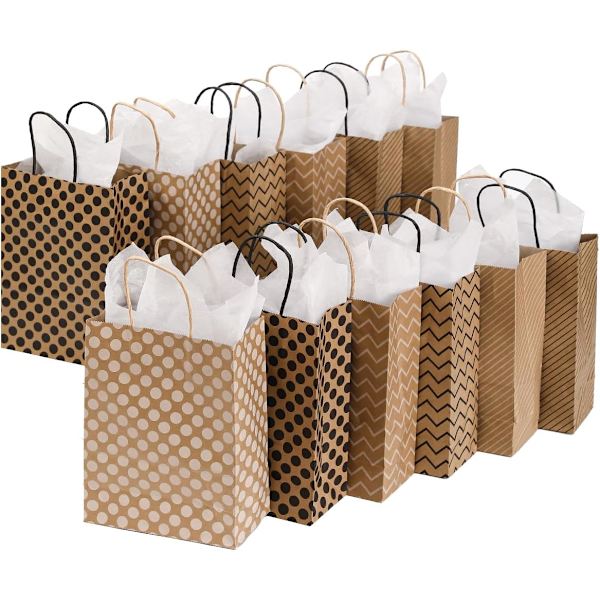 24 stk. gaveæsker med 24 servietter, gaveposer med håndtag, brune gaveposer i kraftpapir til fødselsdag, bryllup, babyshower, fest Brown 24 Pack with Tissues 1 count (Pack of 24)