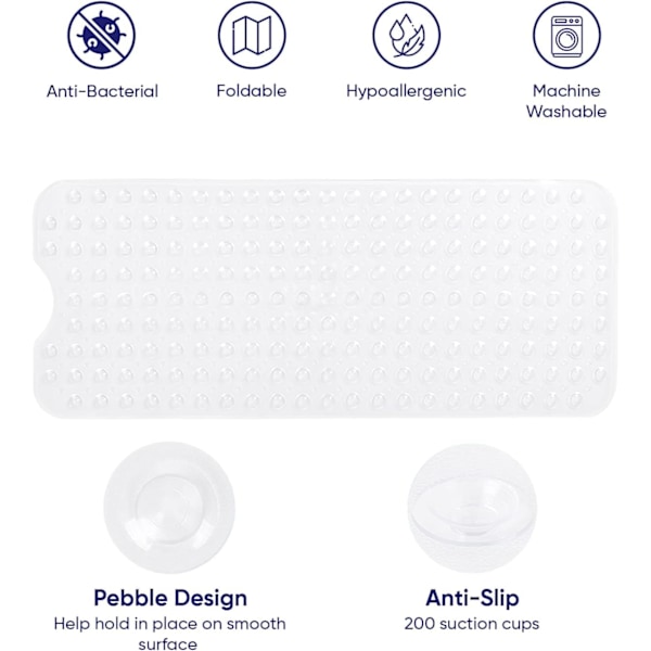 Sklisikker dusjmatte med anti-mugg - Dusjmatte for badekar og bad med dreneringshull og sterke sugekopper, vaskbar i maskin White