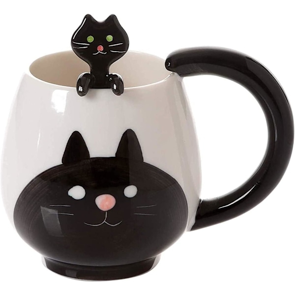 Kaffekopp 14 oz Svart Katt Kaffekopp med Sked Rolig Presentkopp Nyhet Kopp Keramikkopp Present till Kvinnor Män Födelsedag Black Cat