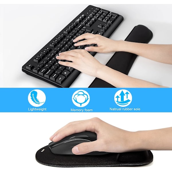 Tecknet håndledsstøtte sæt, tastatur og mus håndledsstøtte pude sæt, behagelig memory foam musemåtte med håndledsstøtte, skridsikker ergonomisk musemåtte