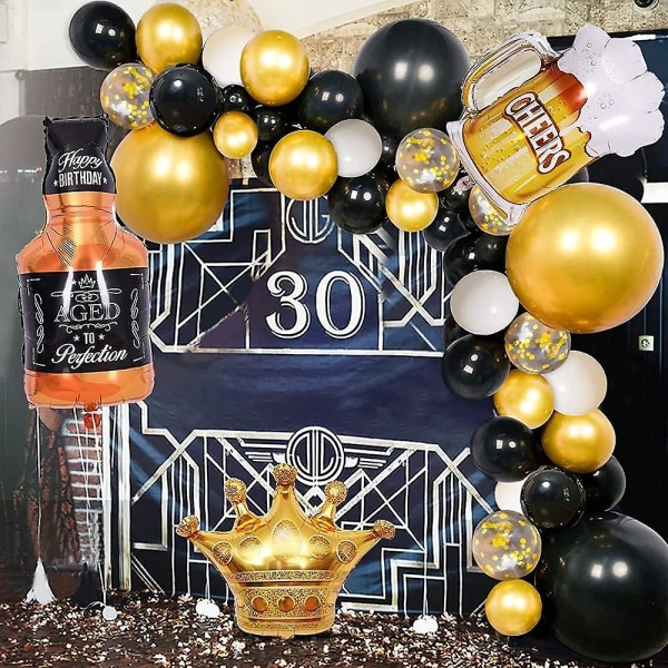 Svart guld Födelsedagsfest dekorationer Set Grattis på födelsedagen Konfettiballonger med banderoll, kronballonger, champagnefolieballonger, ölkoppsballonger för