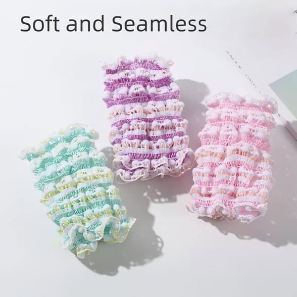 3 elastiske hårelastikker i polyester - grøn + pink + lilla