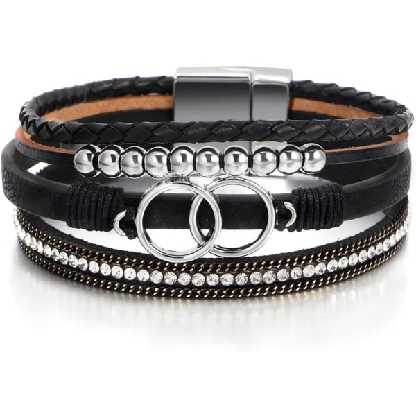 Leopardarmbånd for kvinner, Boho Leather Wrap Multi-Layer Pearl Crystal Armbånd Bangle smykker B35:Double Circle(Black) A7Feather
