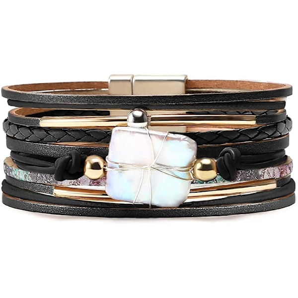 Leopard Armband för Kvinnor, Boho Läder Wrap Multi-Layer Pärla Kristall Armband Smycken A5Black Leather(Pearl) A7Feather