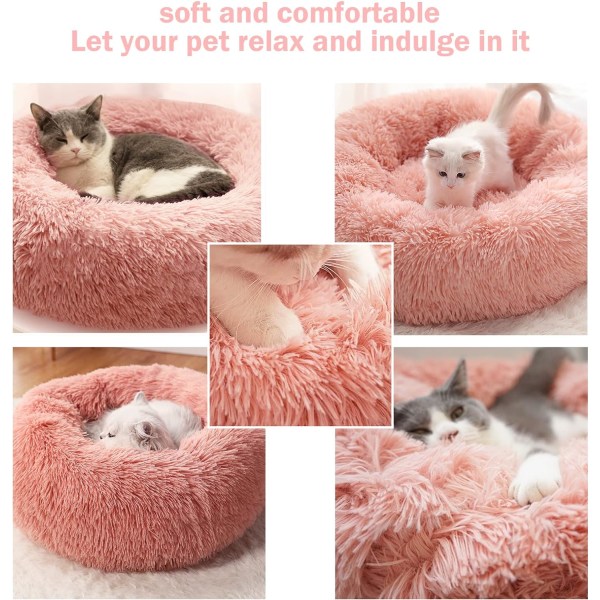 Rolig hundekatt Donut seng - 15,75 tommer fluffy plysj valp kattunge koselig rund seng, varm og myk kjæledyr koselig anti-angst senger med sklisikker bunn a Pink 40.00 x 40.00 x 13.00 cm (L x W x H)