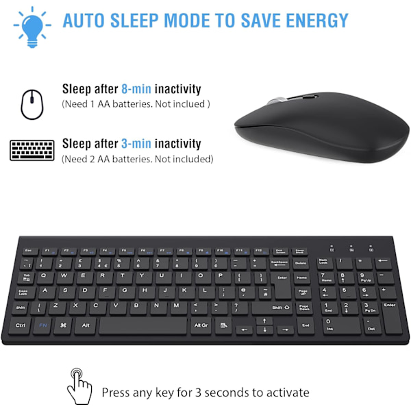 Tastatur og musesæt, 2,4G kompakt slankt QWERTY UK-layout USB-tastatur og trådløs lydløs musekombination med numerisk tastatur Ergonomisk energibesparende