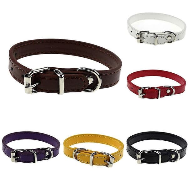 Halsband för hund/katt i konstläder, enfärgat, sött, justerbart spänne Coffee S
