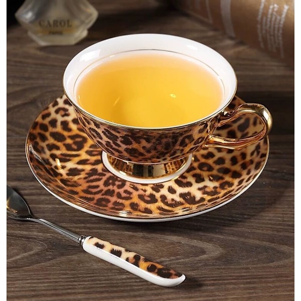 ® YBK Tech Euro Style Bone China Kop & Underkop Sæt, Keramisk Te- og Kaffe Kop til Hjem Køkken Bryllup (Leopard Mønster) Leopard Pattern
