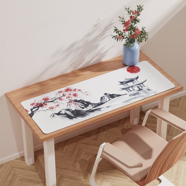 Japansk körsbärsblomma vit musmatta (31,5 × 11,8 × 0,12 tum) Förlängd stor musmatta skrivbordsdyna, sydda kanter musmatta, halkfri gummibas, Japan Mouse Pad  3 Ink Drawing Mouse Pad  1