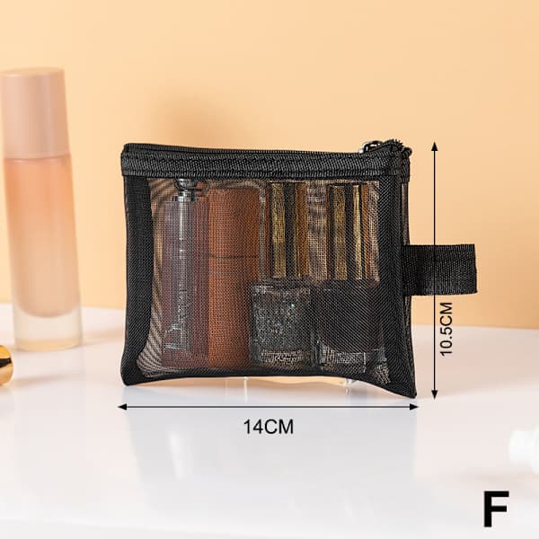Makeup tasker i mesh, sort og hjerteformet kosmetiktaske, bærbar lynlås, sort stil