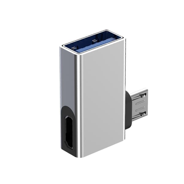 Micro USB til USB-adapter med 90-graders vinklet forlengelsesadapter med OTG-funksjon og ekstern strøm Silver