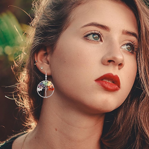 Kvinde Sølv Livets Træ Dråbe Øreringe 7 Chakra Matural Tumbled Ædelsten Wire Wrapped Krystal Dangle Dangly Øreringe til Piger Damer Bohemian J