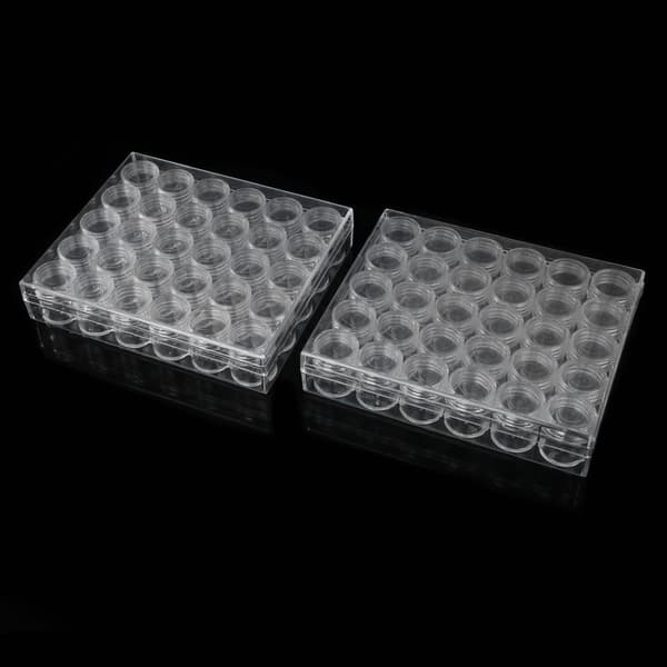 Klar plast smyckesförvaringslåda rektangulär låda 30 små runda behållare burkar 2 st