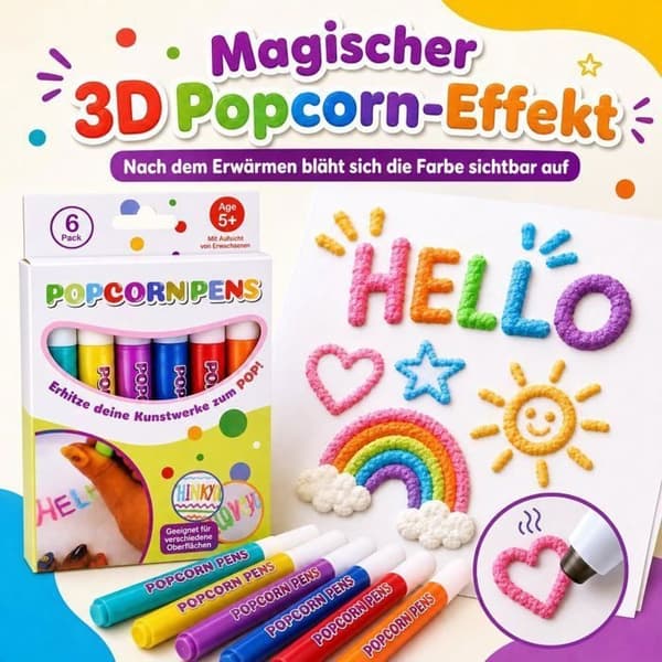 Magic Popcorn Pens 3D - Puffy Magic tegnetusser til kunst, hobby og skoleprojekter - 12 farver