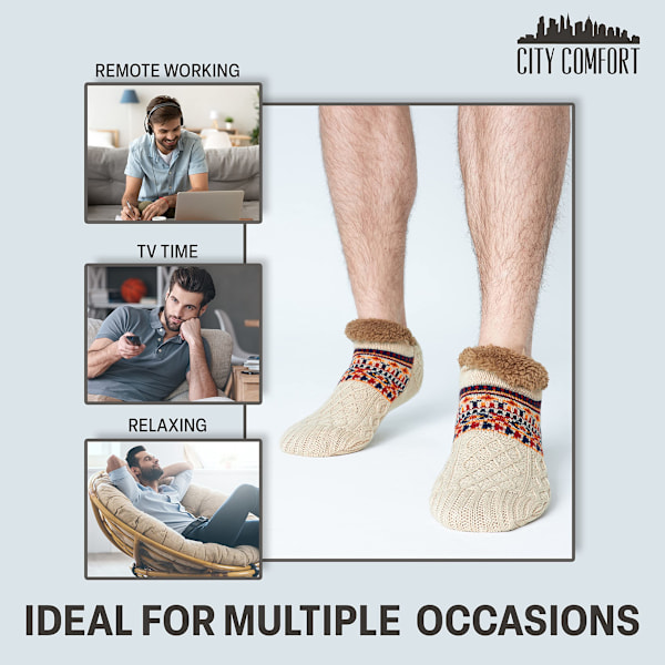 Fluffy Slippersokker til Kvinder og Mænd - Varmeholdende Sokker i Strikket Uld med Sherpafoer - Fuzzy Sengesoks - One Size - Skridsikker Beige