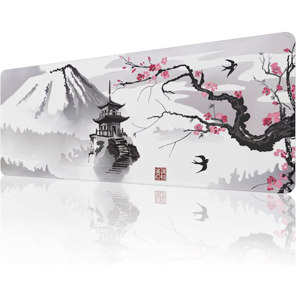 Japansk kirsebærblomst musemåtte (31,5 × 11,8 × 0,12 tommer) Udvidet stor musemåtte skrivebordspude, syet kant musemåtte, skridsikker gummibase, tastatur Ink Drawing Mouse Pad  1 Ink Drawing Mouse Pad  1