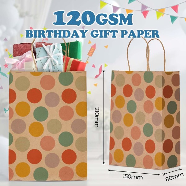 Gaveposer, 24 stk. Festposer Fargerike Polka Dots Brune Papirposer med Håndtak for Festgaver, Valentinsdag, Bursdag, Bryllup, Thanksgiving Polka Dots  Brown 24 count (Pack of 1)