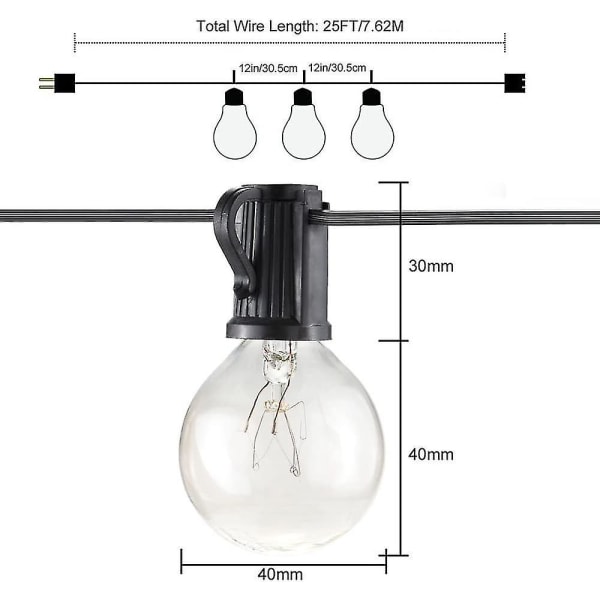 Lyskæde, der kan forbindes til 25 G40-pærer 7,62 m vandtæt lyskæde udendørs og indendørs dekoration