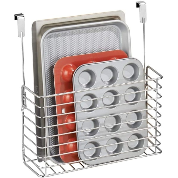 Over the Cabinet Hanging Storage Basket - Steel Bakeware Organiser and Cutting Board Holder - Excellent Kitchen Storage Solution - Chrome