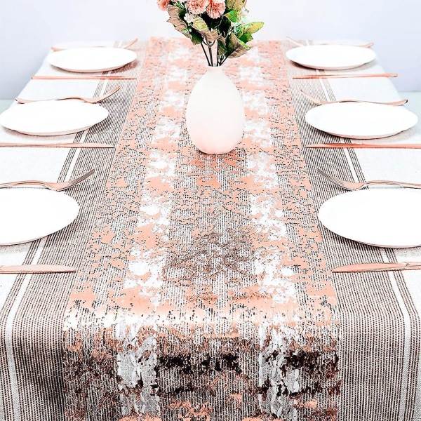 28cm X 10m Organza tyll rullad duk i roséguld Non-woven guld metalliska paljetter Elegant 28cm bordsdekorationsband för bröllop, födelsedagar,
