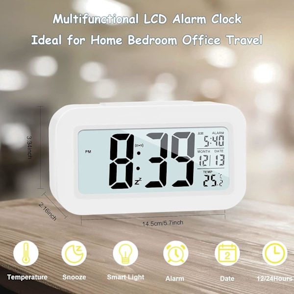Uppgraderad digital väckarklocka, 4,3 tum LED-display med temperatur, större ljudstyrka, ljusstyrkekontroll, bärbar snooze, kalender, batteridriven White