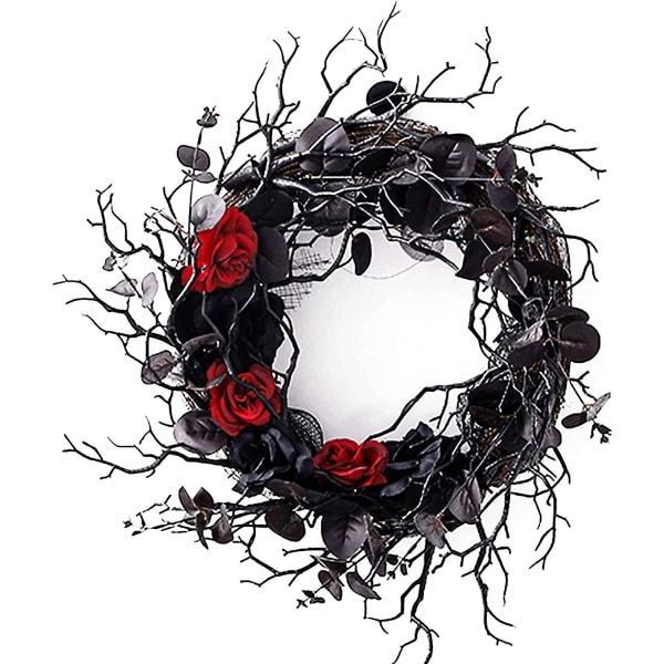 Halloween-kranse til hoveddøren, sort kranium med kunstige røde roser-krans, Day of the Dead Skull-krans