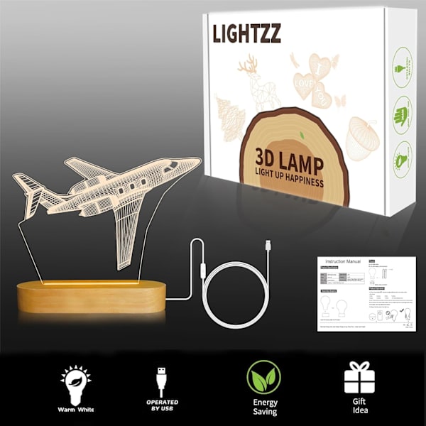 Natlys 3D Illusion Lampe, Blødt Varm Farve Træbordlampe til Drenge Pilot Gaver med USB-strøm